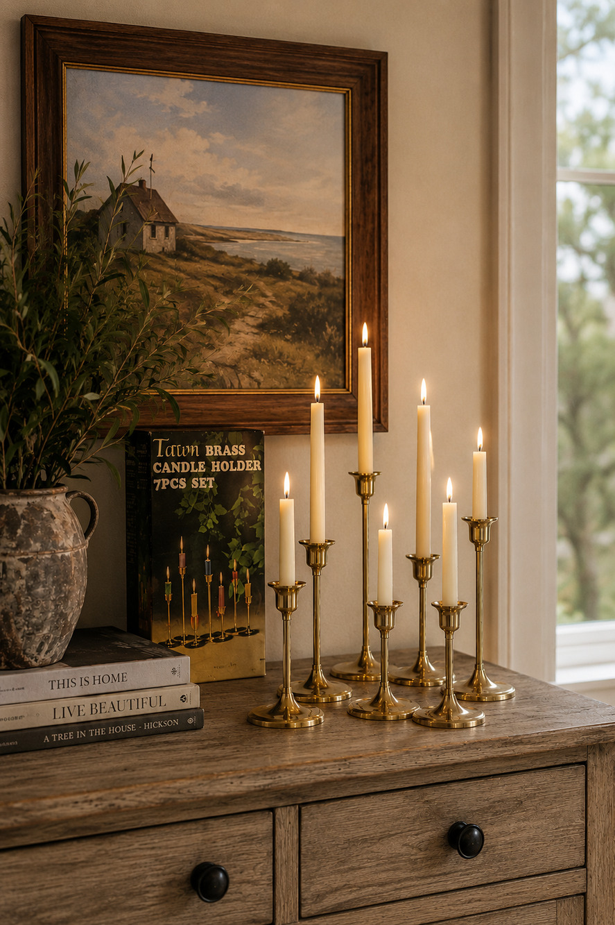 Vintage 7 Piece Tawn Brass Candle Holder Set 3"-9" Made in Taiwan